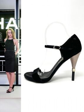 Chanel 2016 Black Suede Satin Gold CC Logo High Heels Sandals Shoes Strappy 39 8